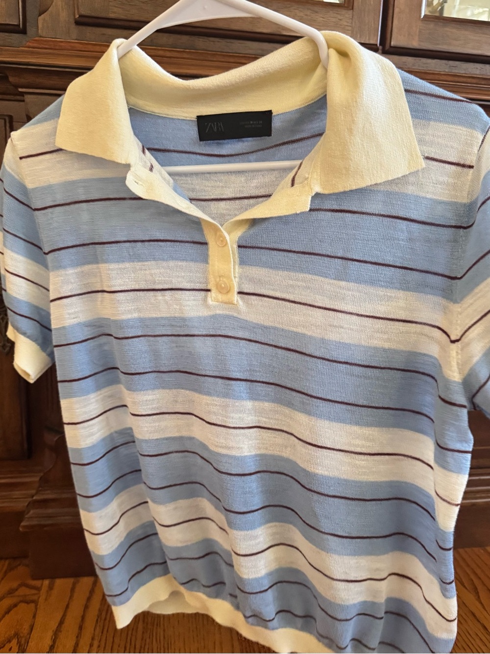 Zara Light Blue and Cream Striped Polo